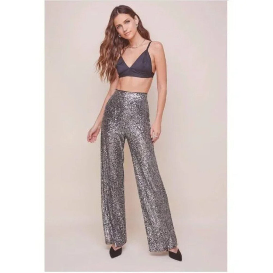 NWT ASTR The Label Selma Silver Black  Metallic Sequin High Waist Wide Leg Pant