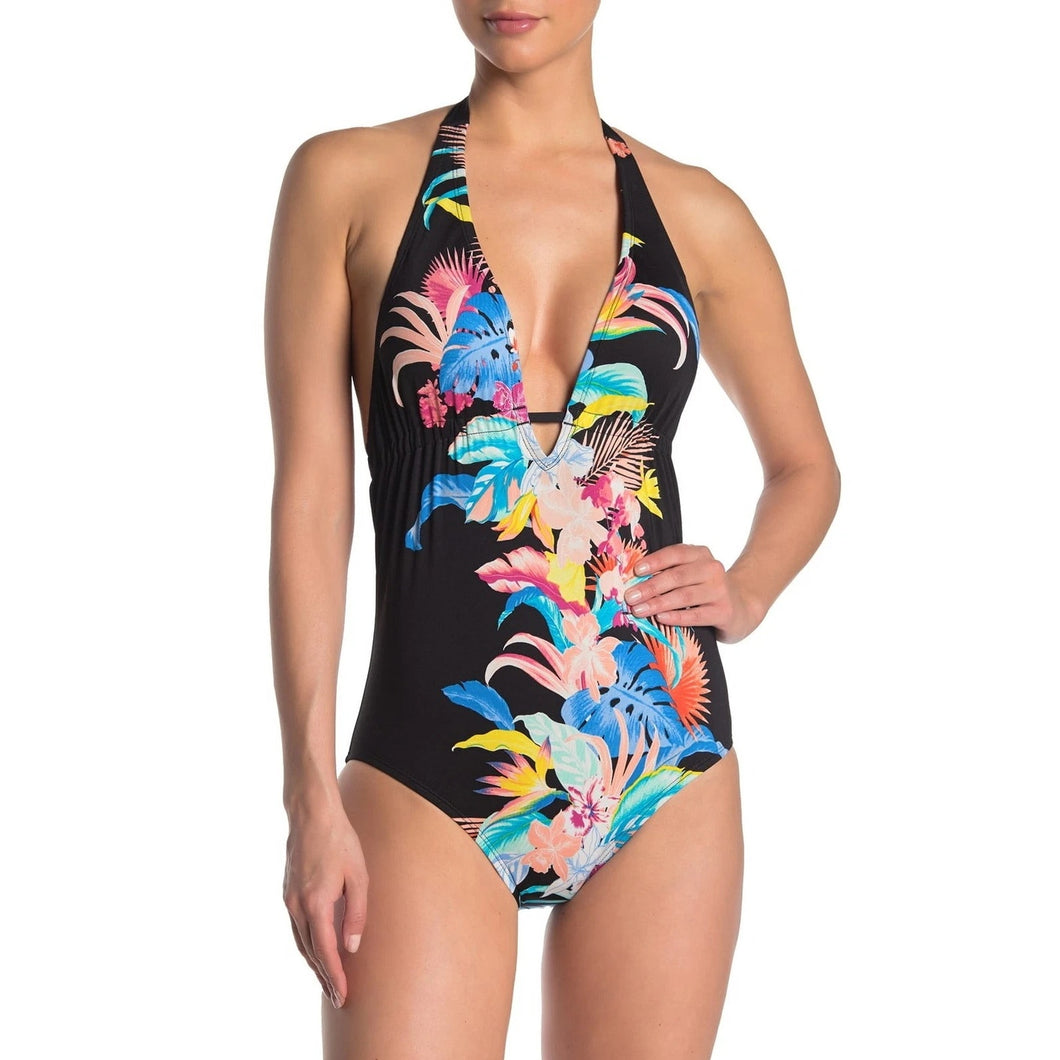 Laundry Shelli Segal Rain florist Plunge One Piece Swimsuit, Large