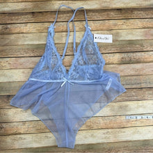 Oh La La Cheri Lace Romper, Size L/XL in Brunnera Blue