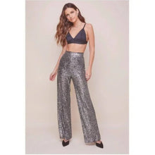 NWT ASTR The Label Selma Silver Black  Metallic Sequin High Waist Wide Leg Pant